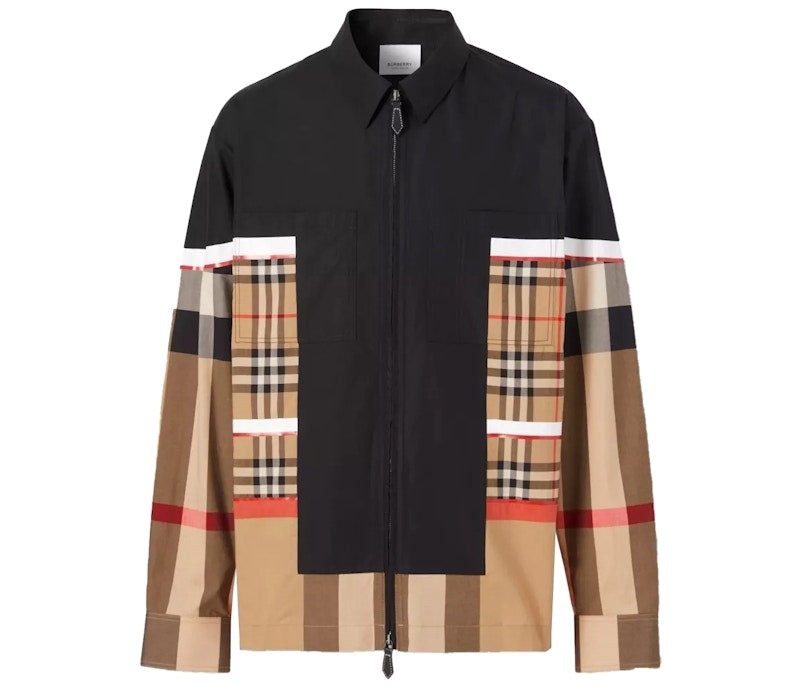 Burberry Patchwork Check Cotton Zip-Front Shirt Archive Beige