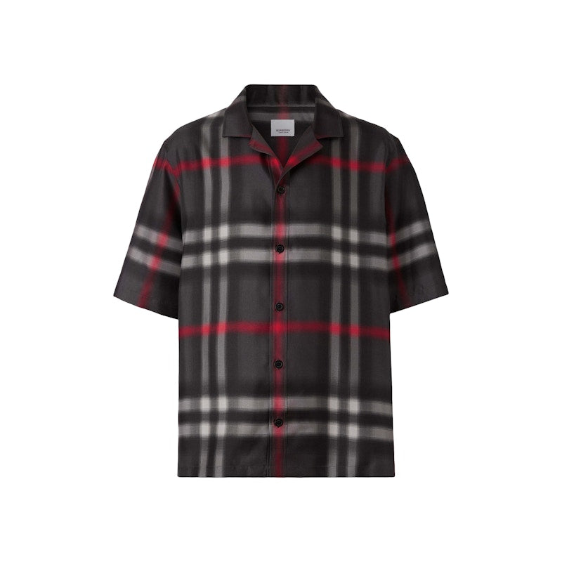 Burberry Short-Sleeve Blurred Check Silk Shirt Tempest Grey