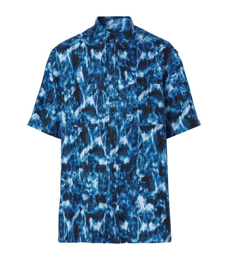 Burberry Silk Ripple Print Short Sleeve Shirt Blue