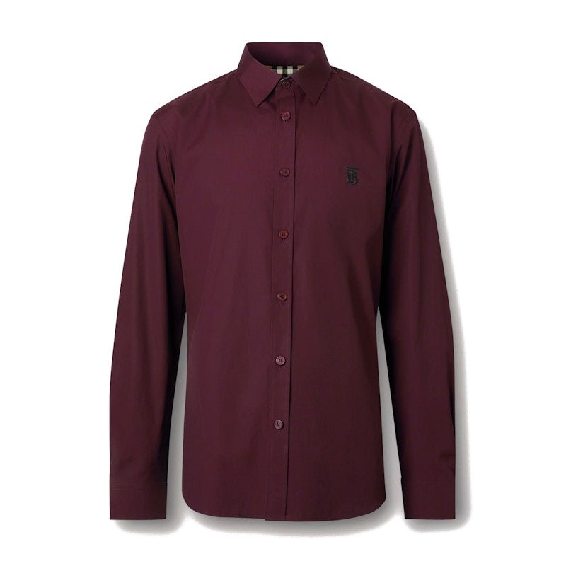 Burberry Slim Fit Monogram Motif Stretch Cotton Poplin Shirt Deep Maroon