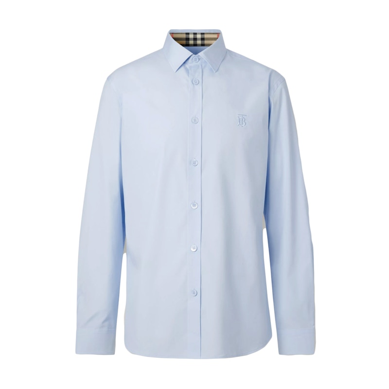 Burberry Slim Fit Monogram Motif Stretch Cotton Poplin Shirt Soft Cornflower Blue