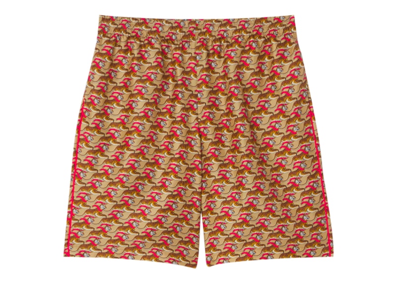 Burberry Tiger Print Silk Shorts Beige Red