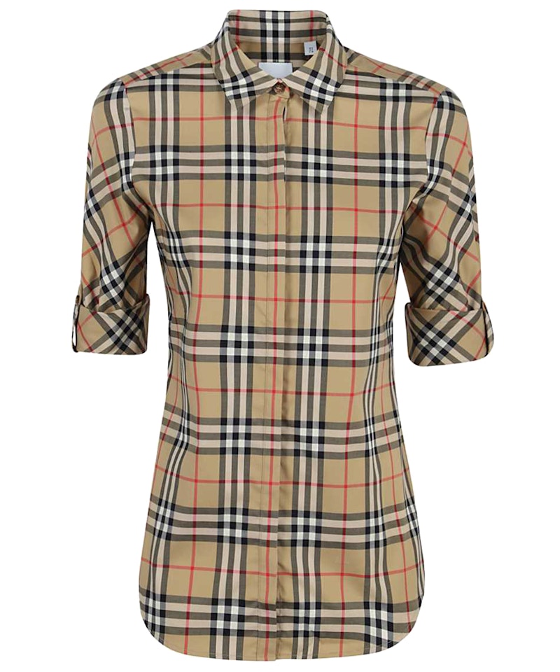 Burberry Vintage Womens Check Stretch Cotton Twil Shirt Archive Beige