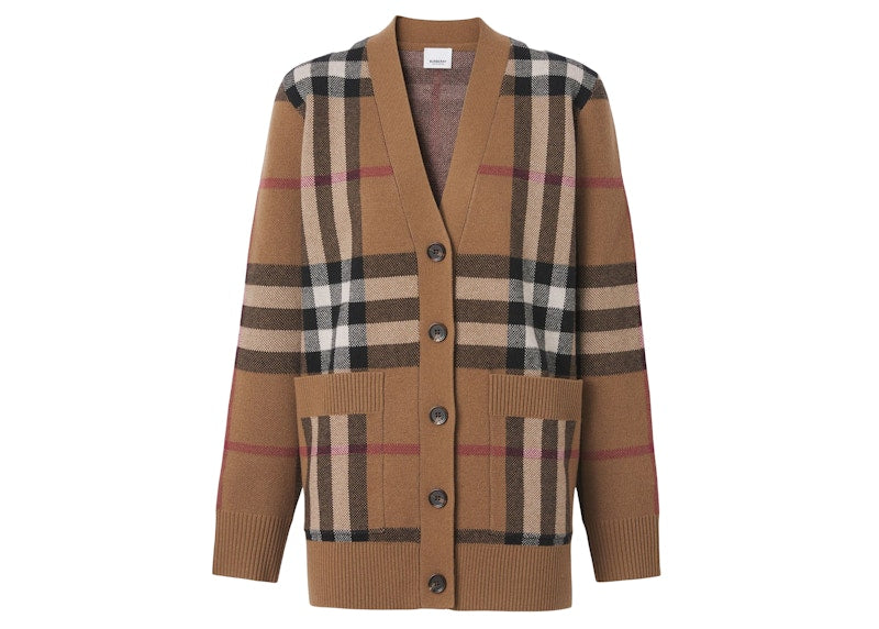 Burberry Womens Checked Wool Cashmere Blend Cardigan Brown