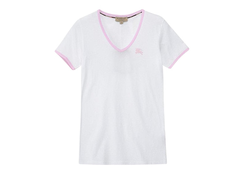 Burberry Women's Embroidered Monogram EKD V Neck T-shirt White/Pink