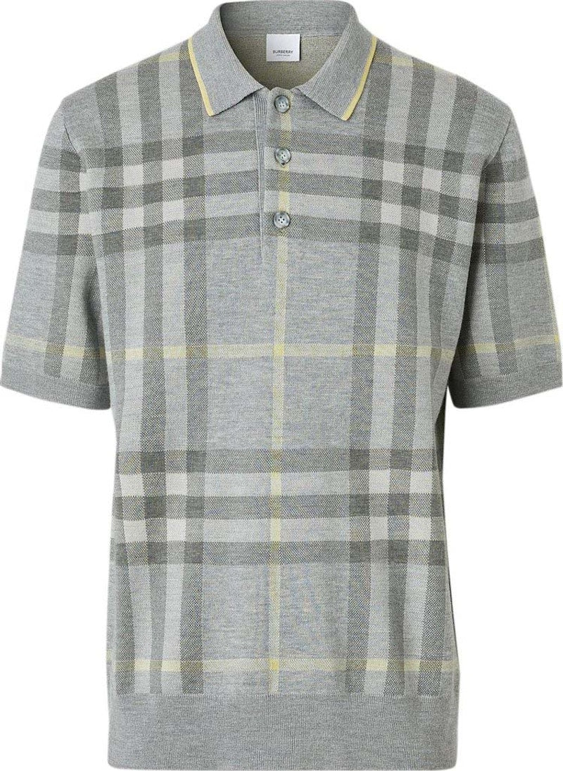 Burberry Wool-Silk Check Polo Shirt Grey
