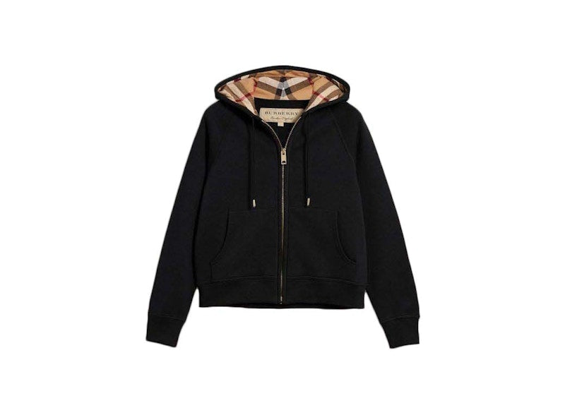 Burberry Zip Up Hoodie With Check Hood Black Archive Beige