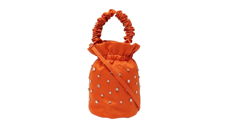 Ganni Crystal Embossed Satin Top Bucket Bag Orange