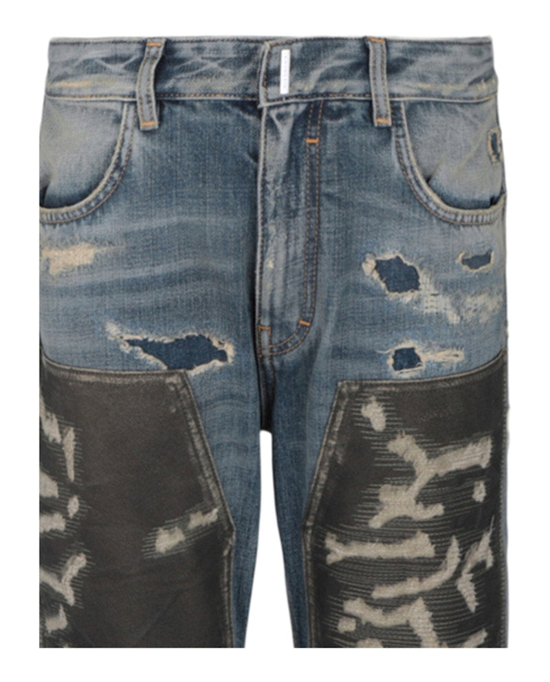 Givenchy Distressed Patchwork Straight-Leg Jeans Medium Blue