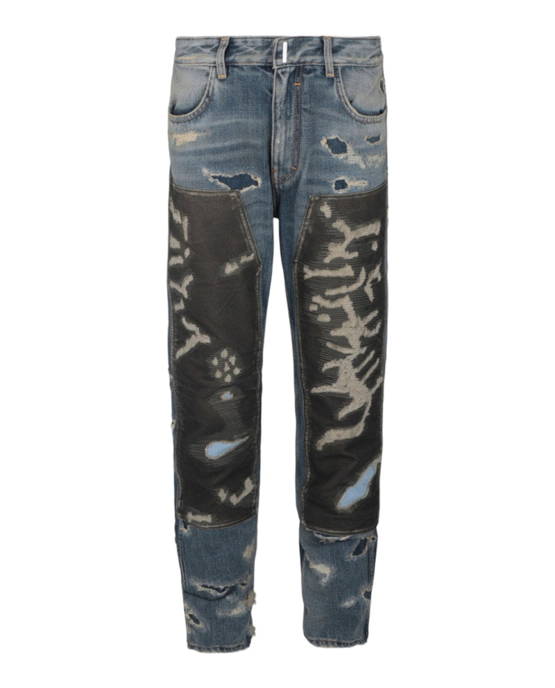 Givenchy Distressed Patchwork Straight-Leg Jeans Medium Blue