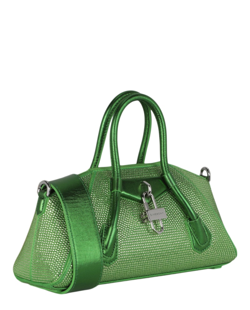 Givenchy Mini Antigona Stretch Top Handle Bag In Satin With Strass Absynthe Green