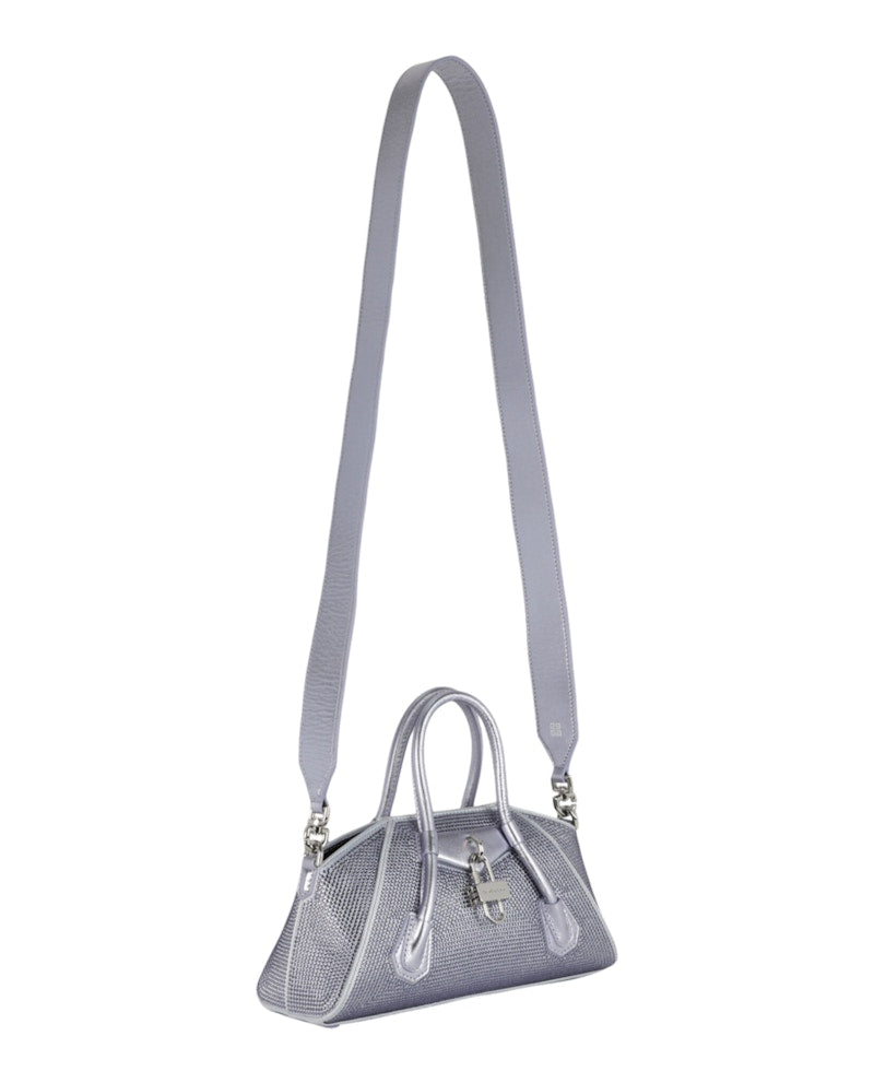 Givenchy Mini Antigona Stretch Top Handle Bag In Satin With Strass Lavender