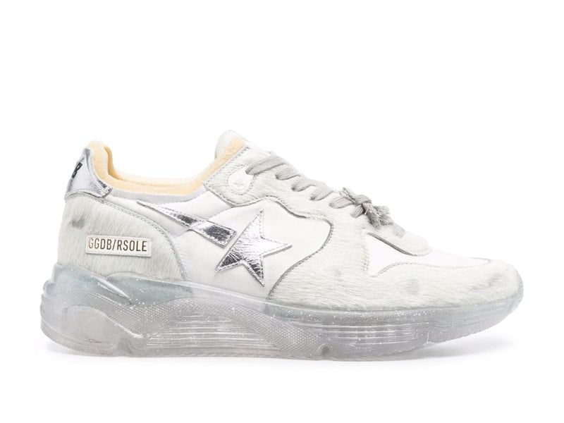 Golden Goose Running Sole Leather Horse Hair White Silver Glitter Sole