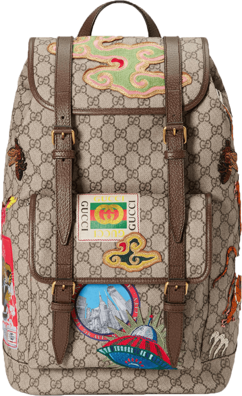 Gucci Courrier Soft Backpack GG Supreme Embroidered Patches Beige/Ebony/Multicolor
