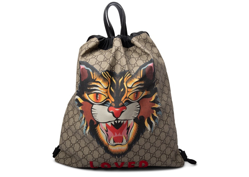 Gucci GG Supreme Soft Drawstring Backpack Angry Cat Print Beige/Black