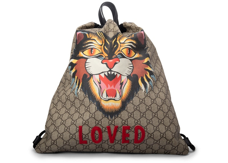 Gucci GG Supreme Soft Drawstring Backpack Angry Cat Print Beige/Black