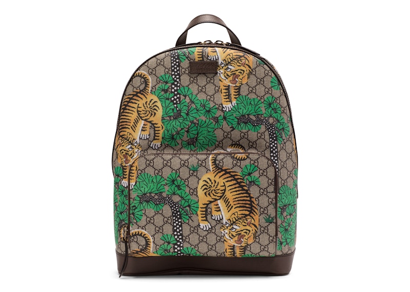 Gucci Tiger Print Backpack GG Supreme Monogram Brown/Green/Yellow
