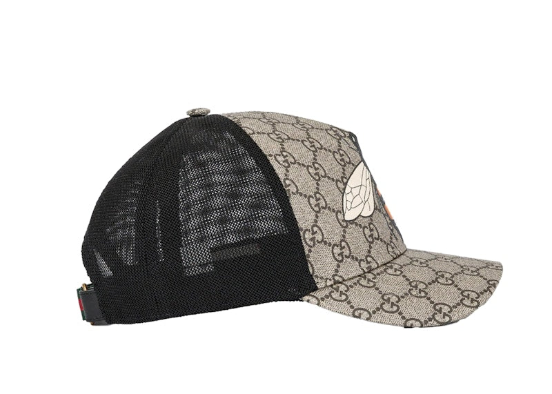 Gucci Bee Print GG Supreme Velcro Strap Baseball Cap Ebony/Beige/Black