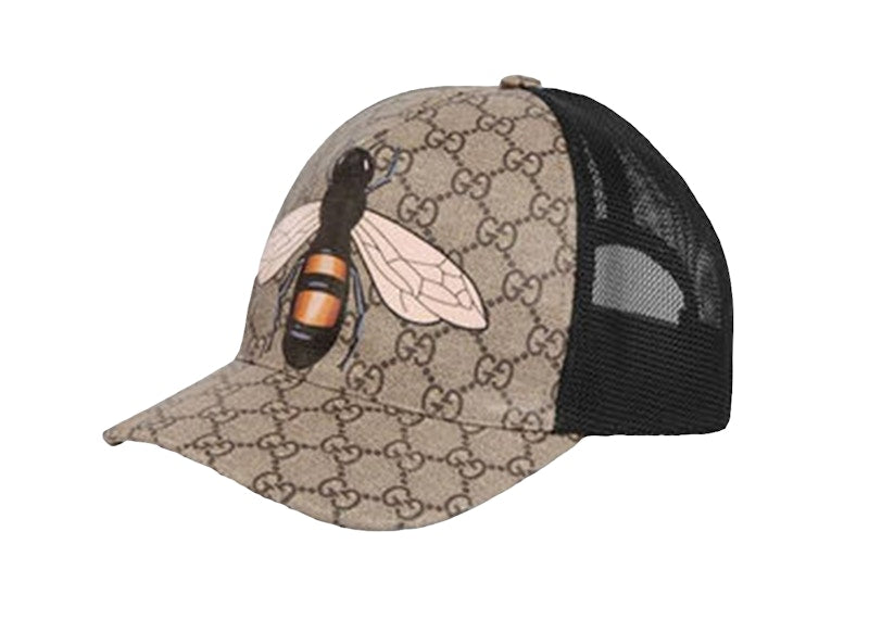 Gucci Bee Print GG Supreme Velcro Strap Baseball Cap Ebony/Beige/Black