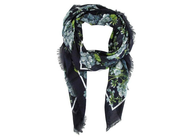 Gucci Blooms 400 Silk Scarf Navy Blue