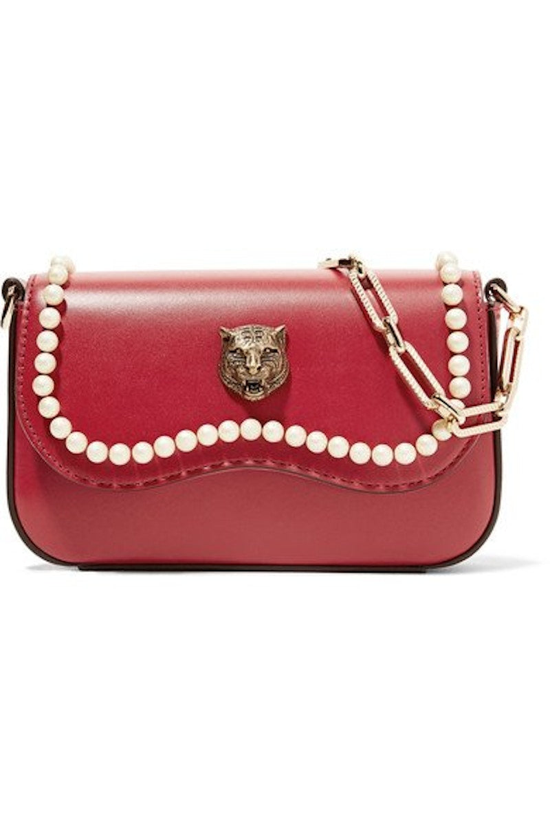 Gucci Broadway Shoulder Embellished Pearl Tiger Head Mini Red