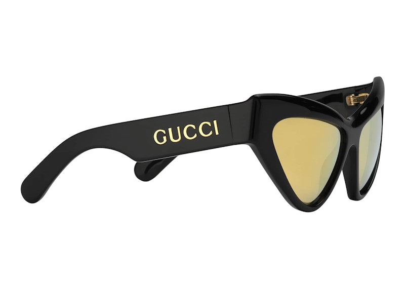 Gucci Cat-Eye Frame Sunglasses Shiny Black/Gold-tone/Solid Brown Lens (733344 J0740 1080)