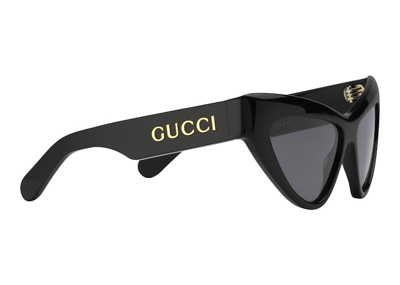 Gucci Cat-Eye Frame Sunglasses Shiny Black/Gold-tone/Solid Grey Lens (733344 J0740 1012)