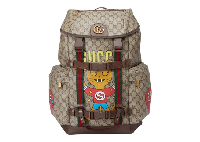 Gucci Cat Print Skateboard Backpack GG Supreme Beige/Ebony