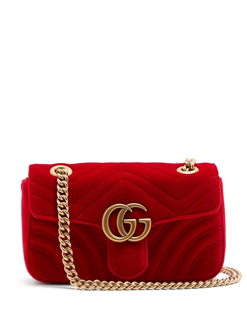 Gucci GG Marmont Shoulder Bag Matelasse Velvet Small Hibiscus Red
