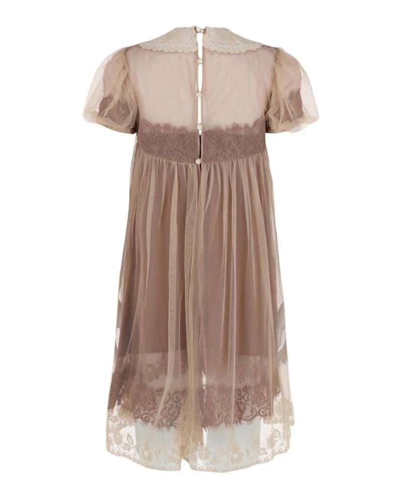 Gucci Crystal-Embellished Lace Babydoll Dress Beige