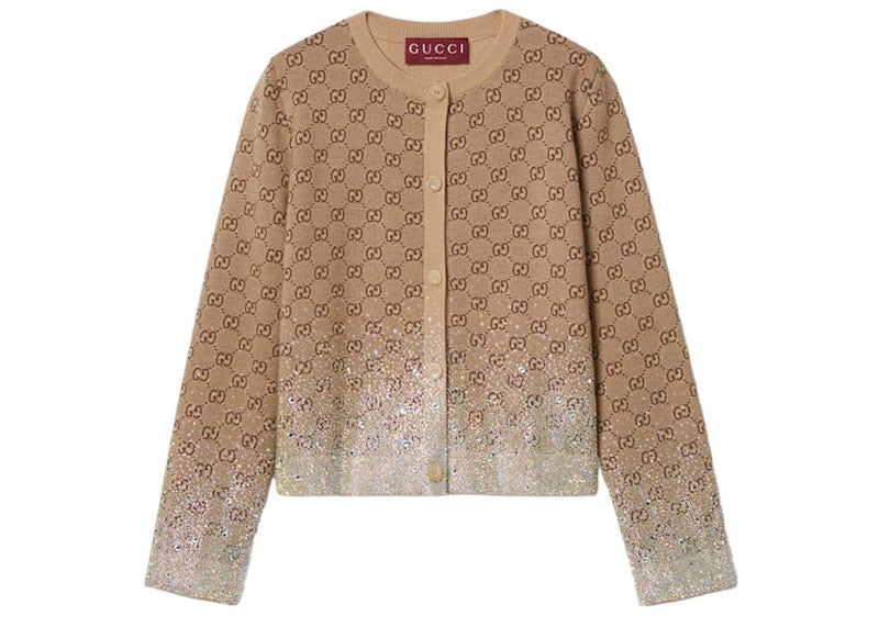 Gucci Crystals Embroidered Wool GG Jacquard Cardigan Beige/Dark Brown