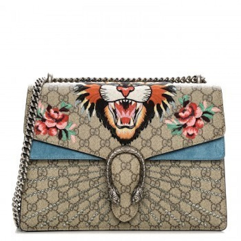 Gucci Dionysus Shoulder Bag GG Supreme Monogram Embroidered Angry Cat Medium Light Blue