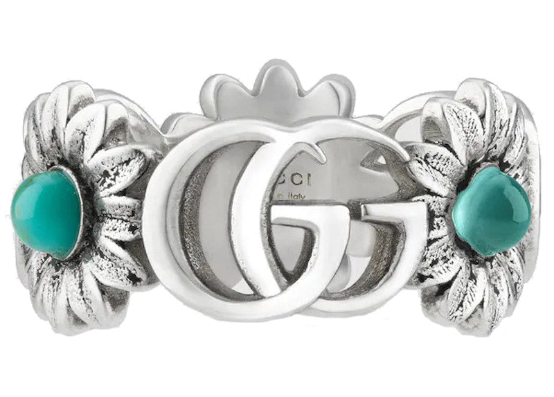 Gucci Double G Flower Ring Blue Topaz Stones Silver