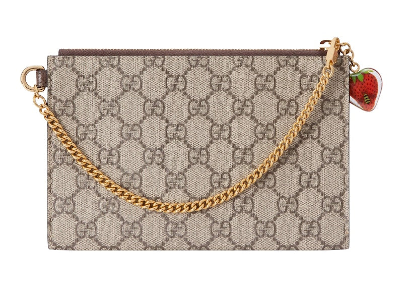 Gucci Double G Strawberry Wrist Wallet GG Supreme Beige/Ebony