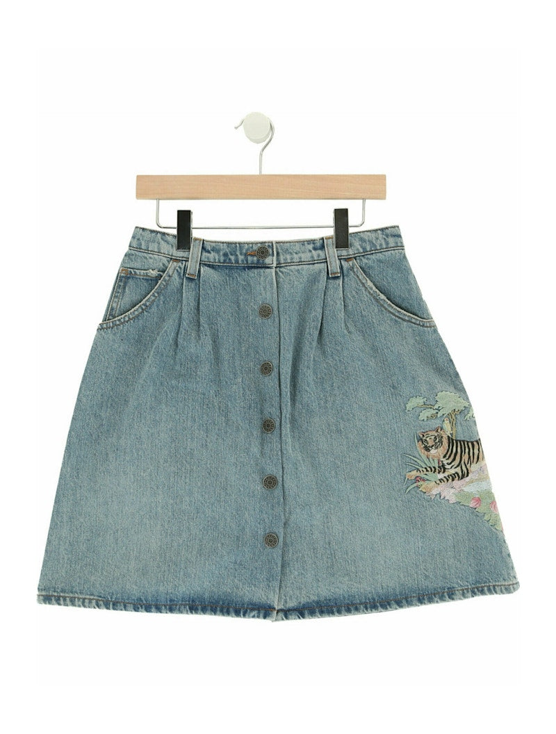 Gucci Embroidered Denim Skirt Blue