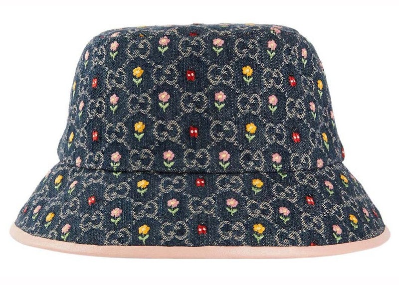 Gucci Embroidered Flower Denim Bucket Hat Blue Multi