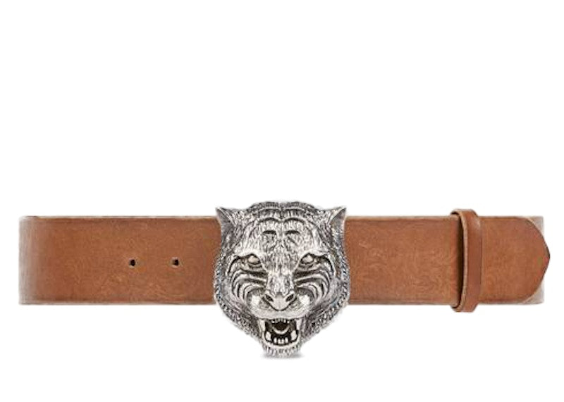 Gucci Feline Antique Silver Buckle Leather Belt 1.5"W Brown