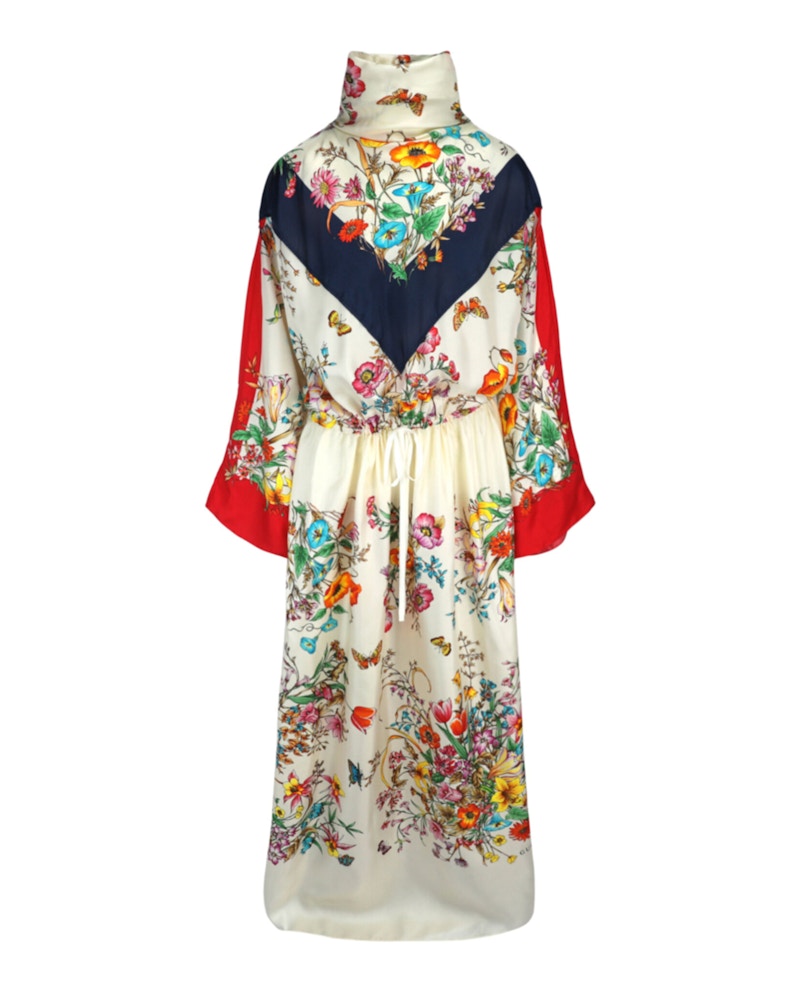 Gucci Flora Printed Foulard Silk Dress White Hibiscus Red Amethyst