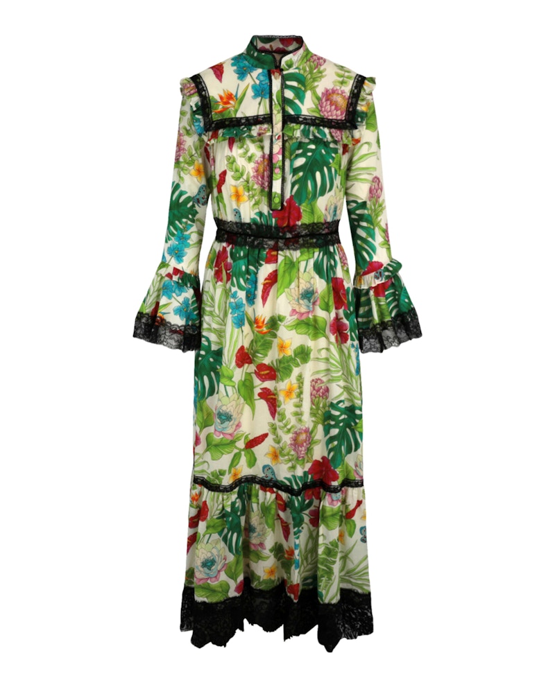 Gucci Floral-Print Lace-Trim Muslin Dress Multi
