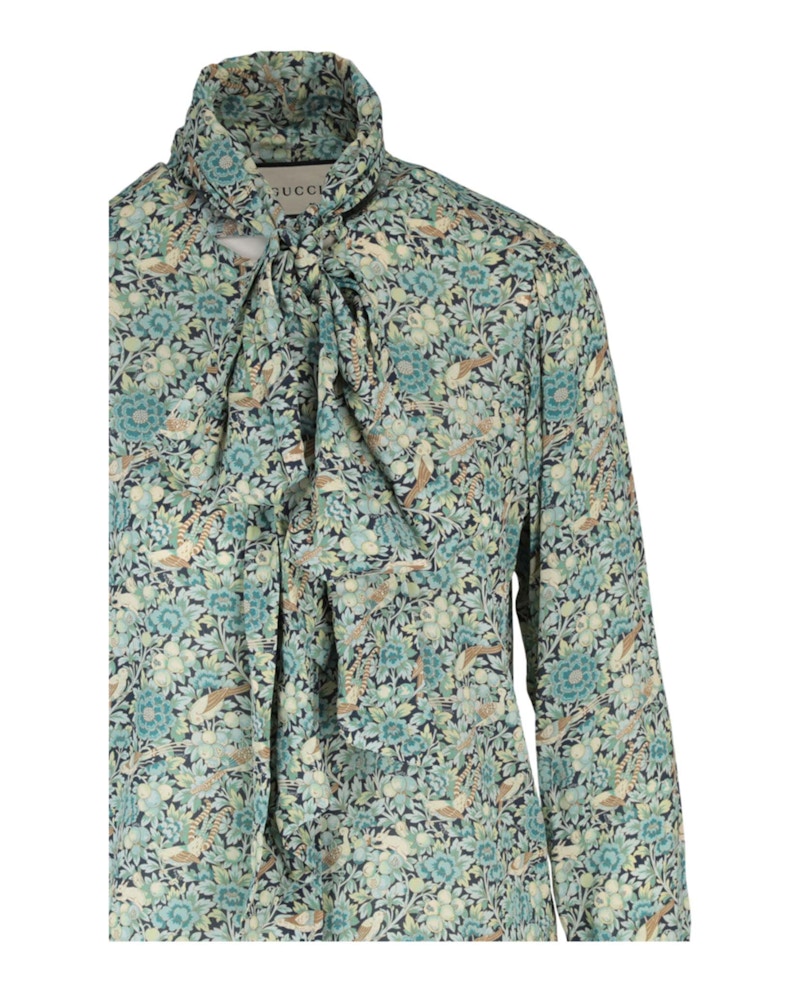 Gucci Floral Print Tie Neck Long Sleeve Blouse Blue