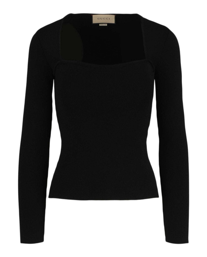 Gucci Sweetheart Neck Ribbed Knit Sweater Black