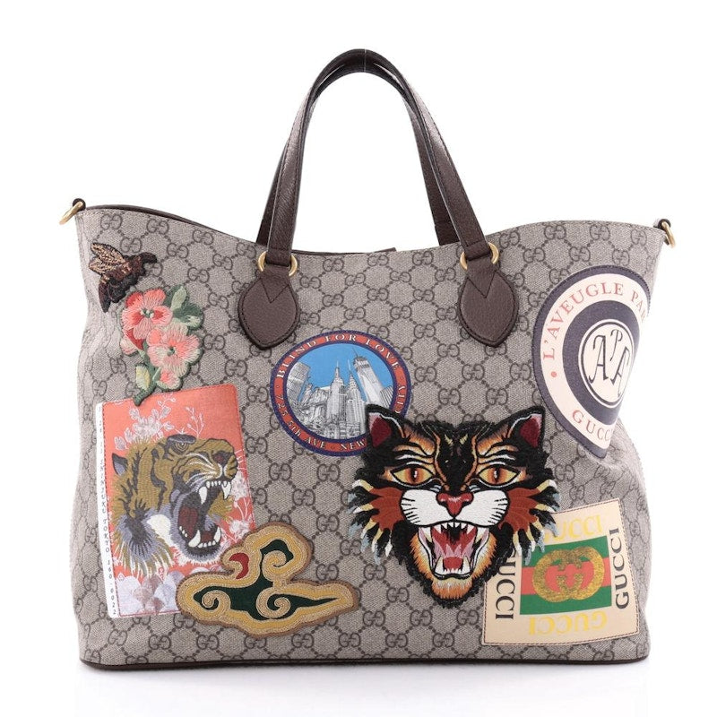 Gucci Convertible Tote Monogram GG Embroidered Medium Taupe/Brown/Orange/Green