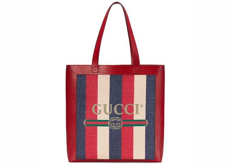 Gucci Vintage Logo Tote Linen Leather Hibiscus Red/Blue/White