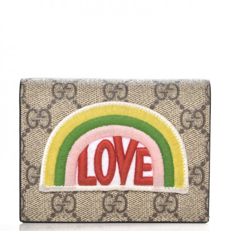Gucci Card Case Wallet GG Supreme Rainbow Beige/Hibiscus Red