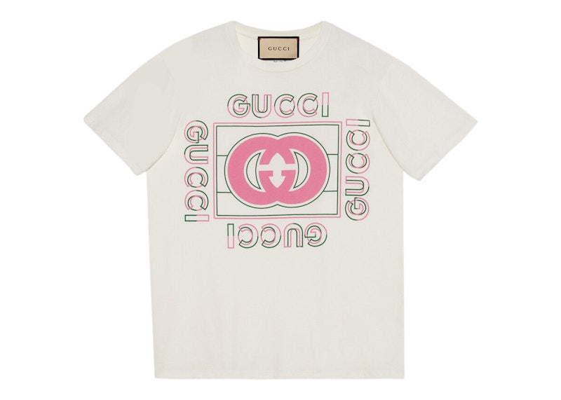 Gucci Women's Oversized Vintage Logo Print T-Shirt Off White/Pink/Green