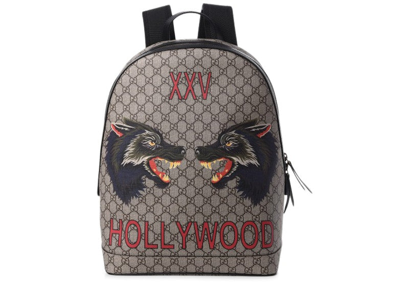 Gucci XXV Hollywood Backpack GG Supreme Wolf Print Brown/Black
