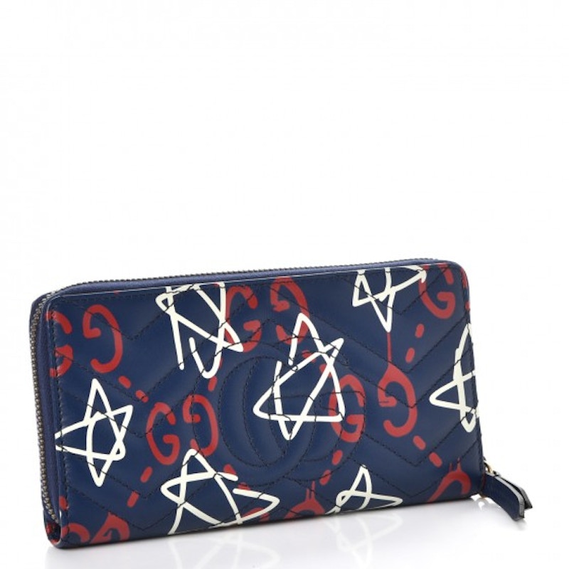 Gucci GG Marmont Wallet Zip Around Matelasse GucciGhost Blue
