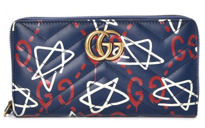 Gucci GG Marmont Wallet Zip Around Matelasse GucciGhost Blue