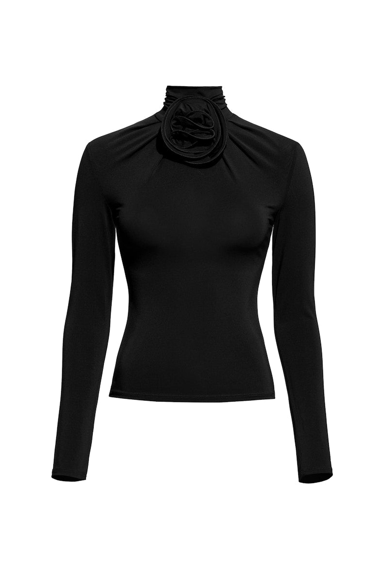 H&M x Magda Butrym Mock Turtleneck Top with Rose Applique Black