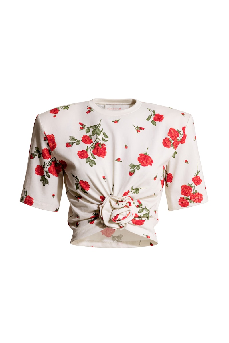 H&M x Magda Butrym Patterned T-shirt with Rose Applique Cream/Roses